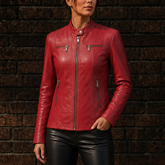 Julia | Polished Stand Collar Moto Leather Jacket