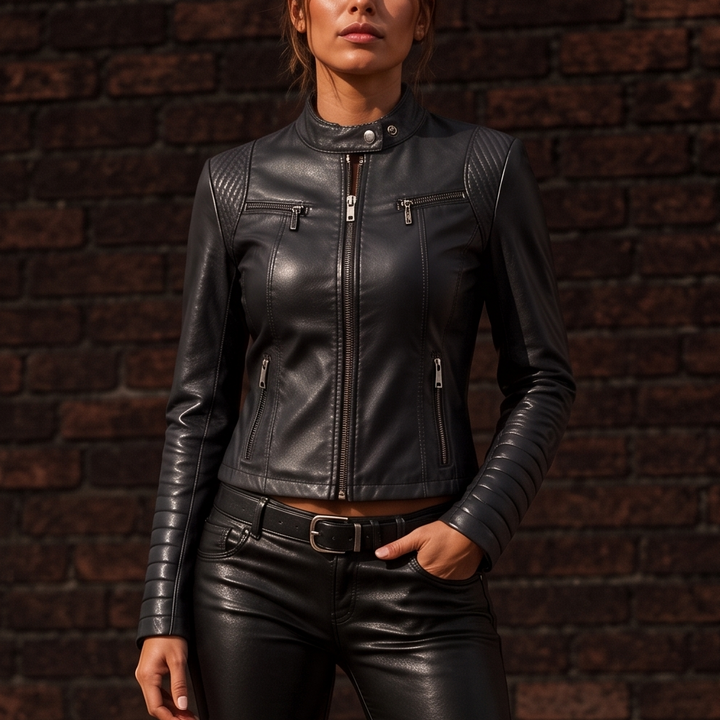 Julia | Polished Stand Collar Moto Leather Jacket