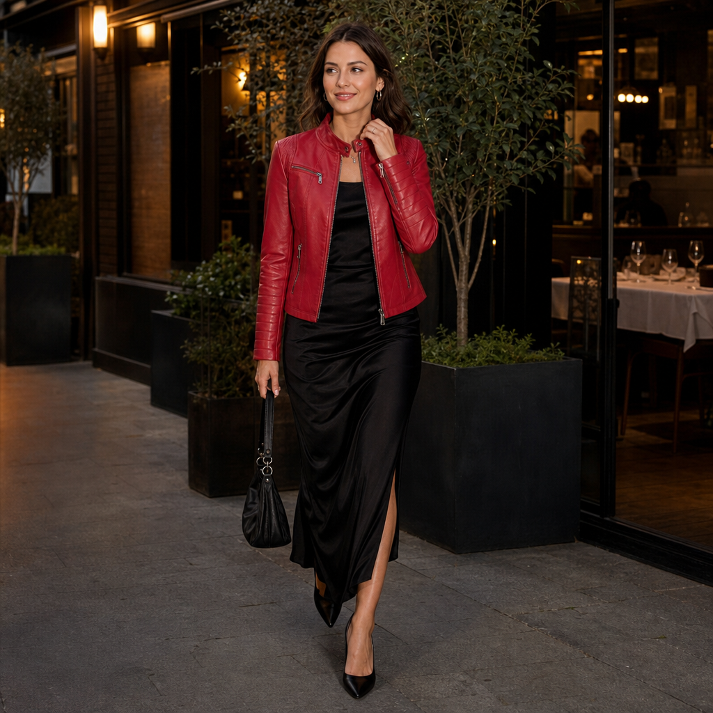 Julia | Polished Stand Collar Moto Leather Jacket