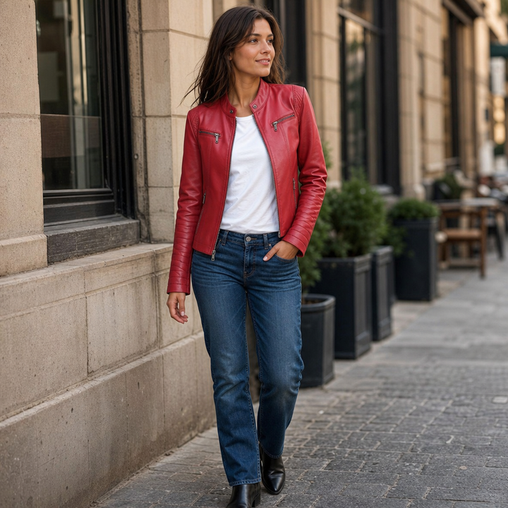 Julia | Polished Stand Collar Moto Leather Jacket