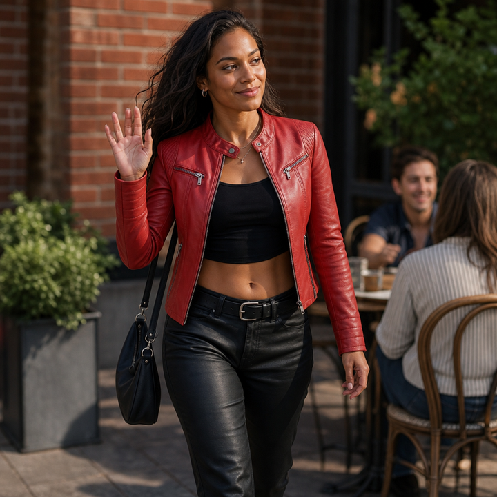 Julia | Polished Stand Collar Moto Leather Jacket