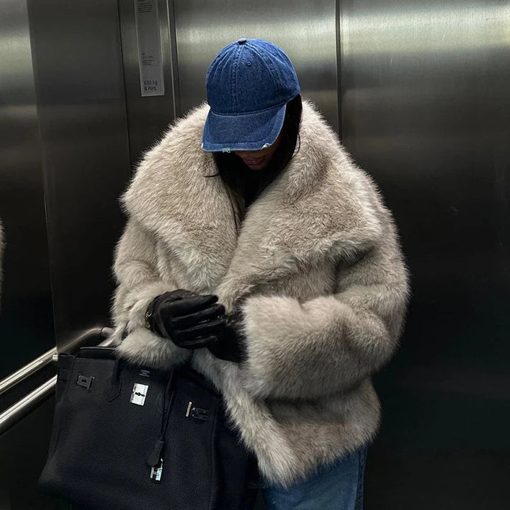 Julia | Stylish Oversized Shawl Collar Faux Fur Coat