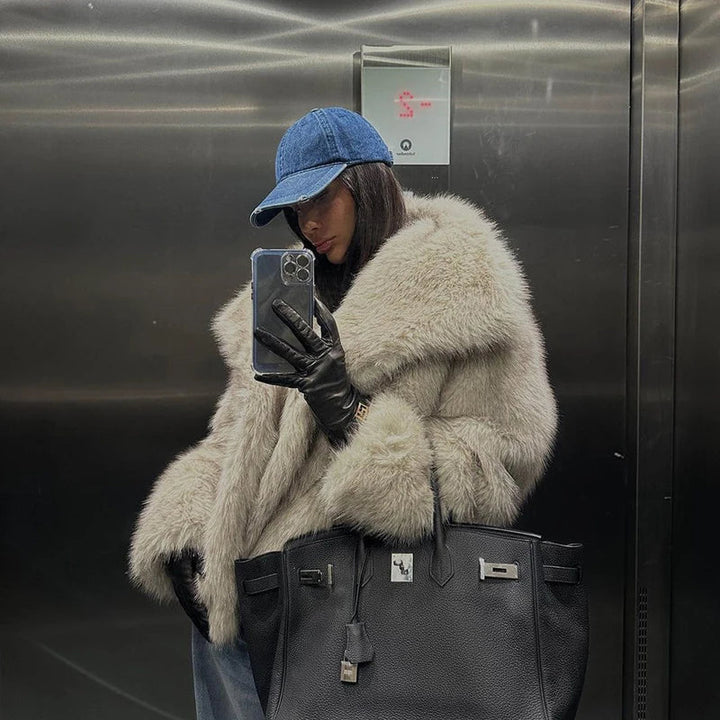 Julia | Stylish Oversized Shawl Collar Faux Fur Coat