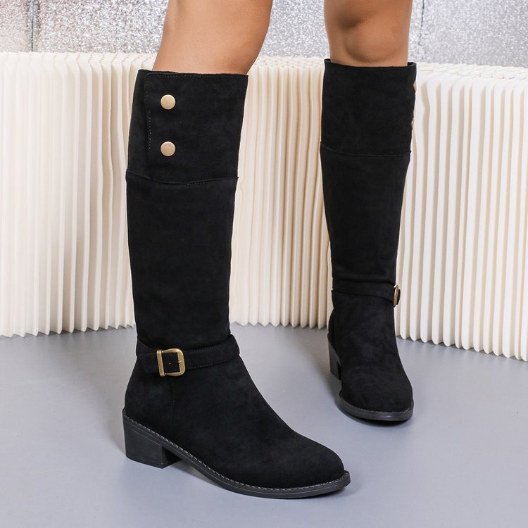 Julie | Sophisticated Knee High Boots with Block Heel and Buckle Detail