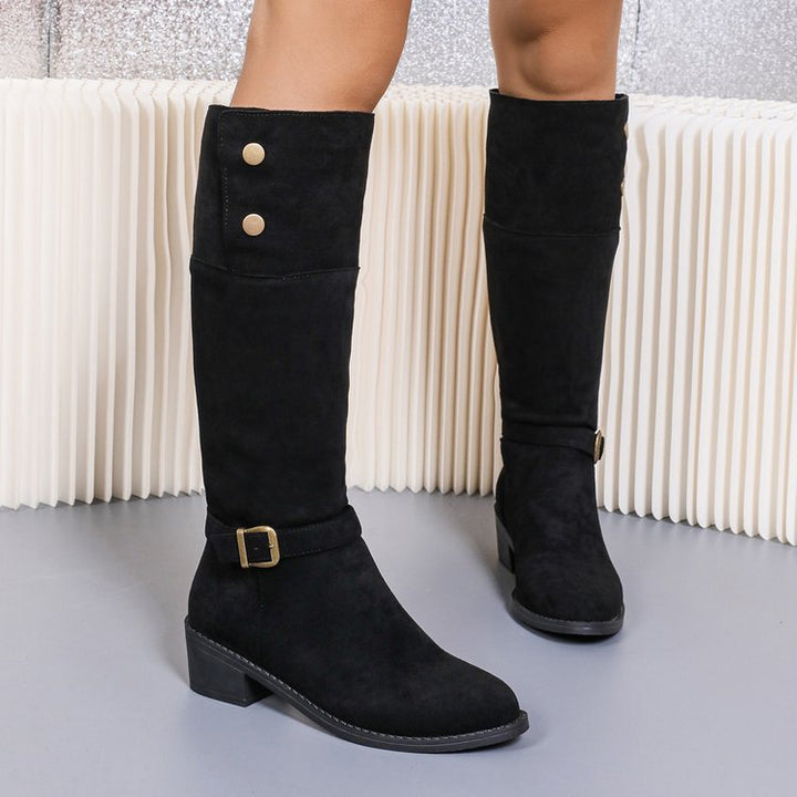 Julie | Sophisticated Knee High Boots with Block Heel and Buckle Detail