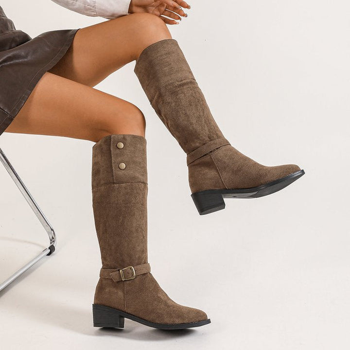 Julie | Sophisticated Knee High Boots with Block Heel and Buckle Detail