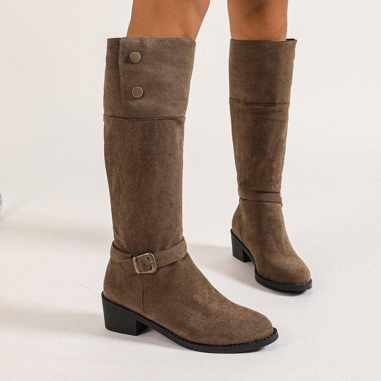 Julie | Sophisticated Knee High Boots with Block Heel and Buckle Detail