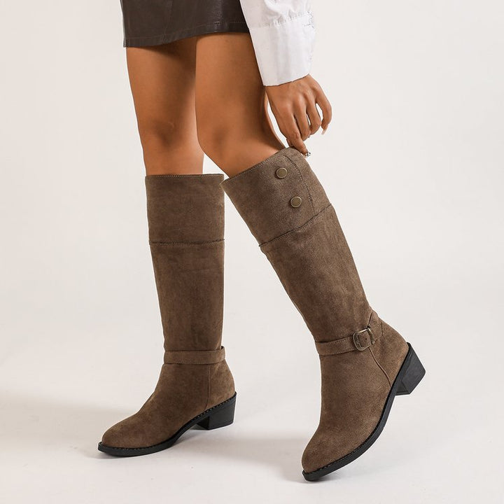 Julie | Sophisticated Knee High Boots with Block Heel and Buckle Detail