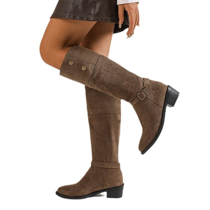 Julie | Sophisticated Knee High Boots with Block Heel and Buckle Detail