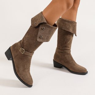 Julie | Sophisticated Knee High Boots with Block Heel and Buckle Detail