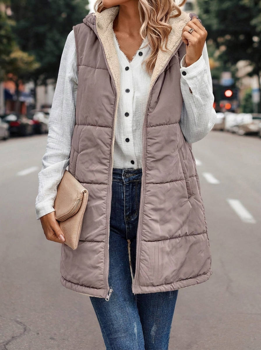 Karen | Chic Long Hooded Puffer Jacket Vest with Sherpa Lining