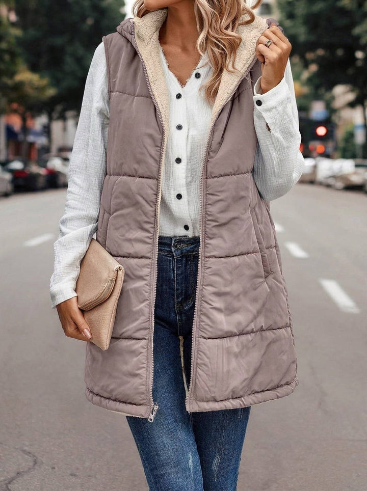 Karen | Chic Long Hooded Puffer Jacket Vest with Sherpa Lining