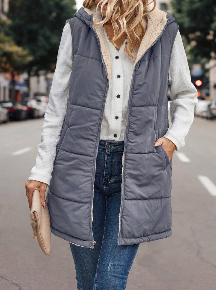 Karen | Chic Long Hooded Puffer Jacket Vest with Sherpa Lining