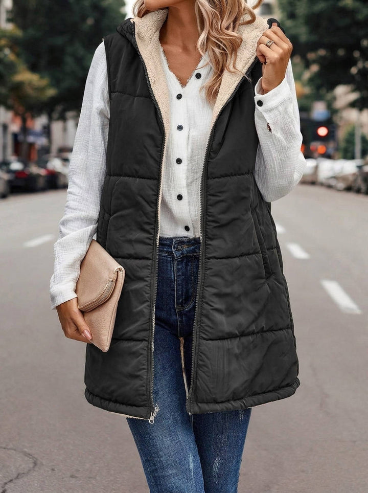 Karen | Chic Long Hooded Puffer Jacket Vest with Sherpa Lining