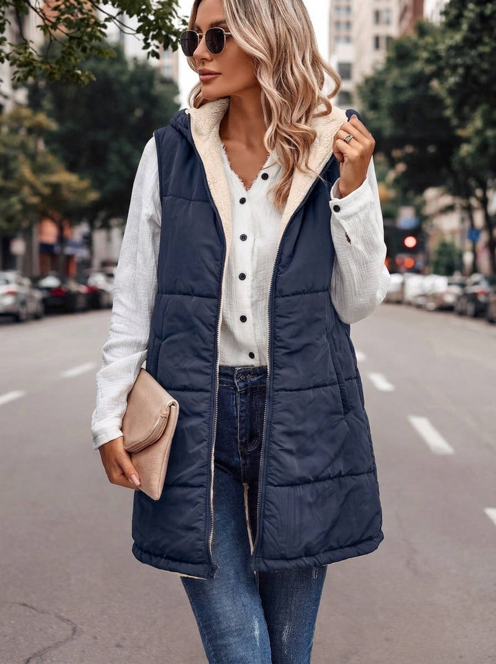 Karen | Chic Long Hooded Puffer Jacket Vest with Sherpa Lining