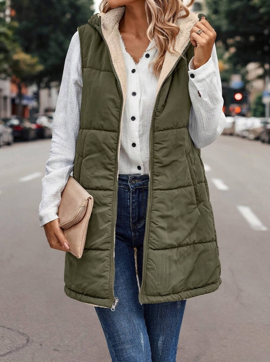 Karen | Chic Long Hooded Puffer Jacket Vest with Sherpa Lining