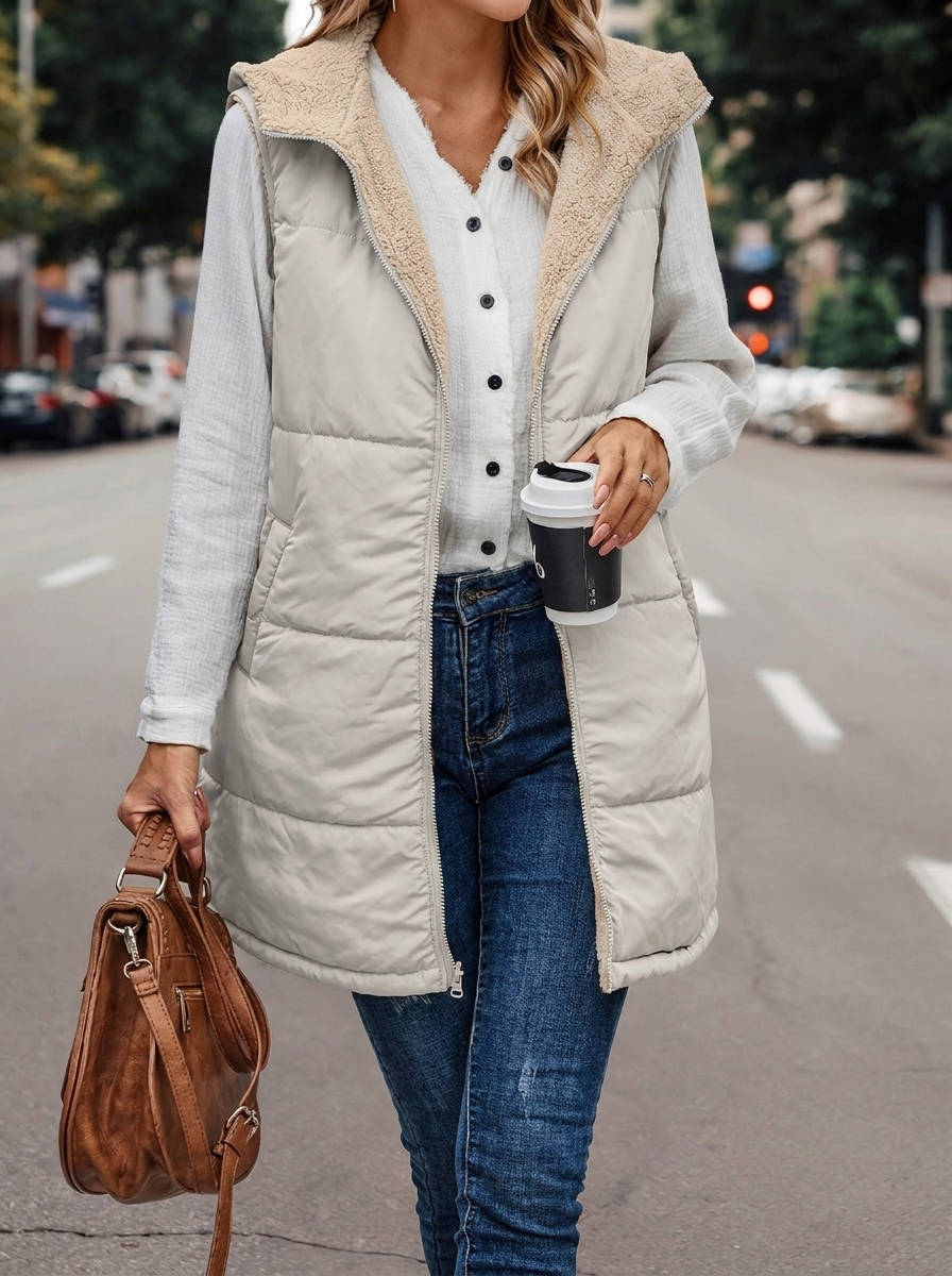 Karen | Chic Long Hooded Puffer Jacket Vest with Sherpa Lining