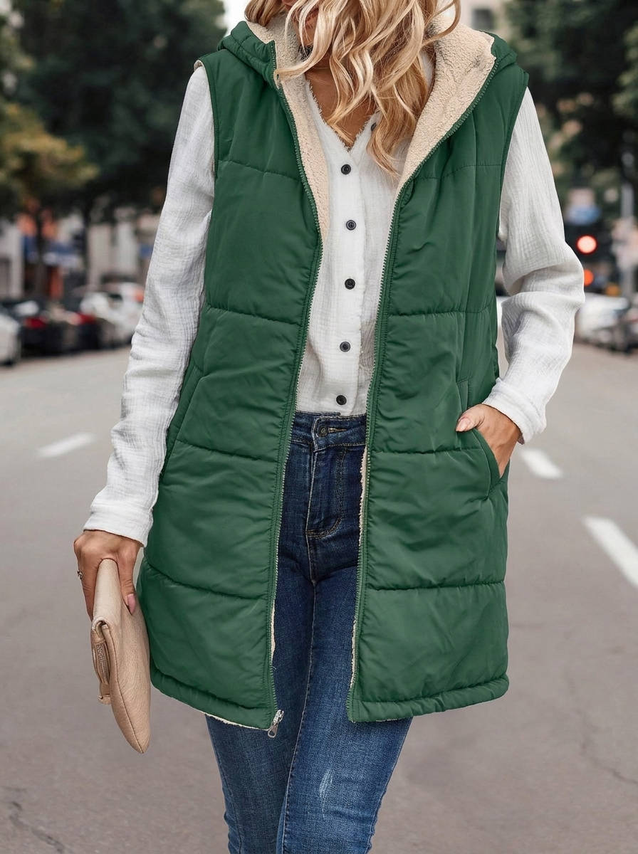 Karen | Chic Long Hooded Puffer Jacket Vest with Sherpa Lining
