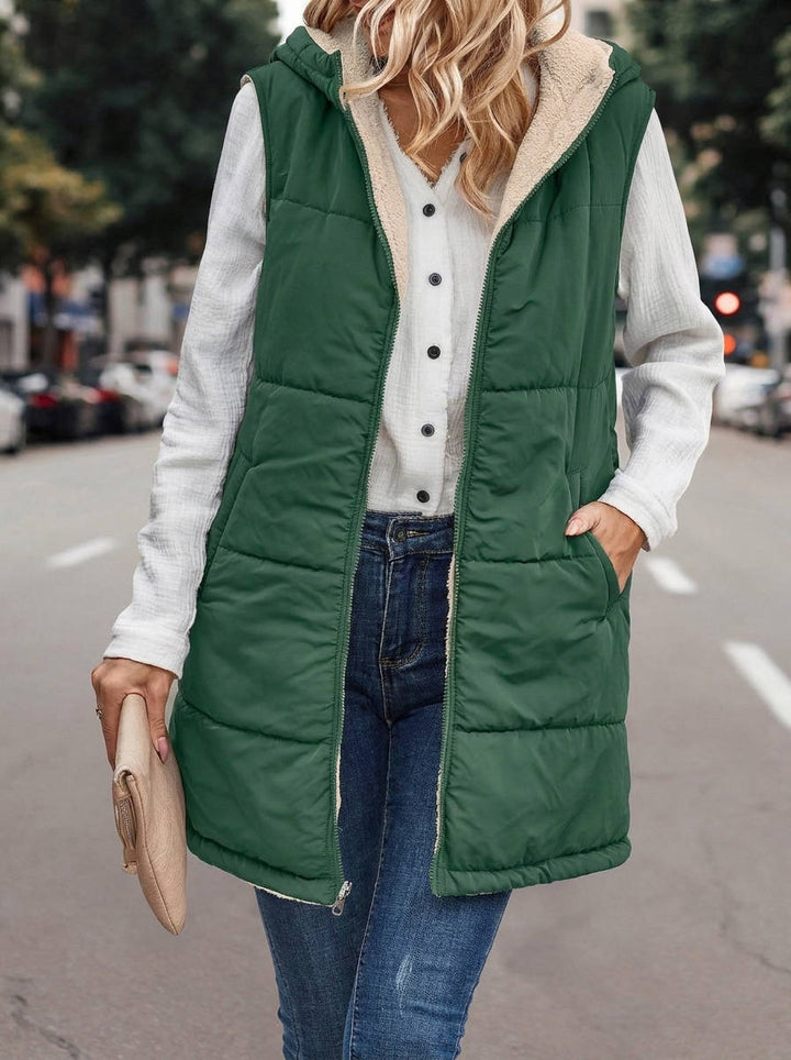 Karen | Chic Long Hooded Puffer Jacket Vest with Sherpa Lining