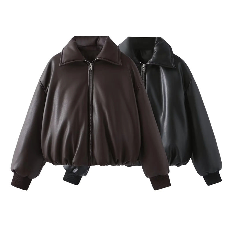 Karen | Graceful Cropped Leather Bomber Jacket with Shirt Collar