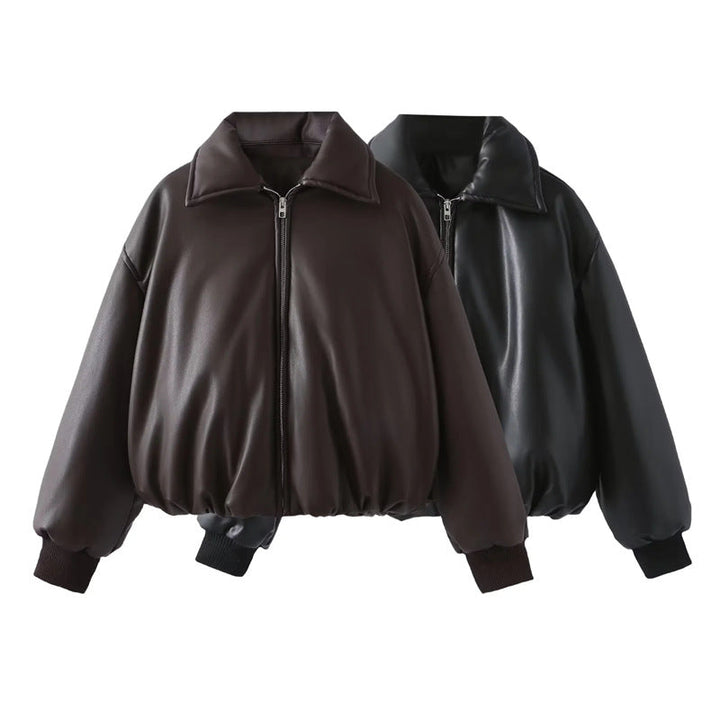 Karen | Graceful Cropped Leather Bomber Jacket with Shirt Collar