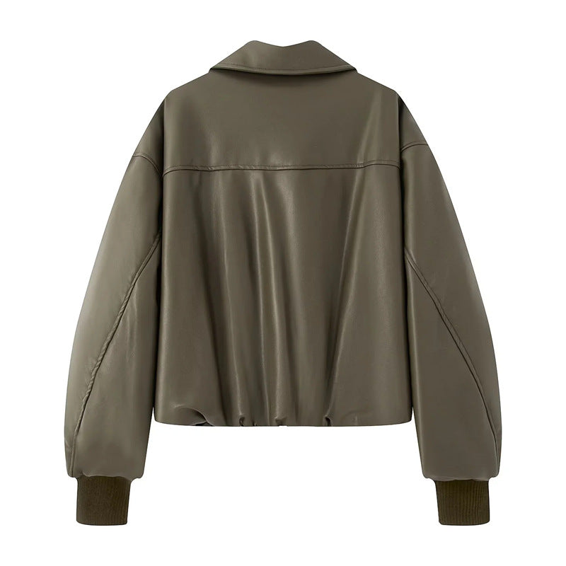 Karen | Graceful Cropped Leather Bomber Jacket with Shirt Collar