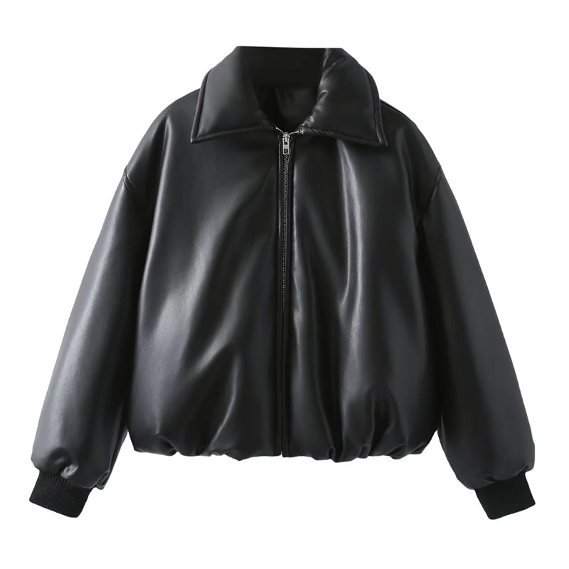 Karen | Graceful Cropped Leather Bomber Jacket with Shirt Collar