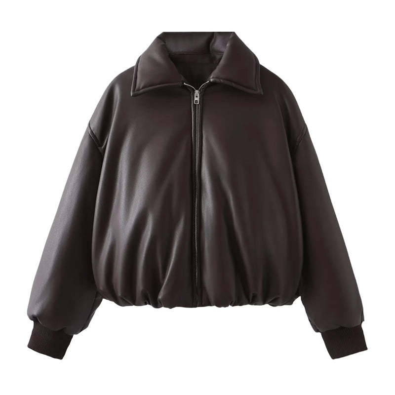 Karen | Graceful Cropped Leather Bomber Jacket with Shirt Collar
