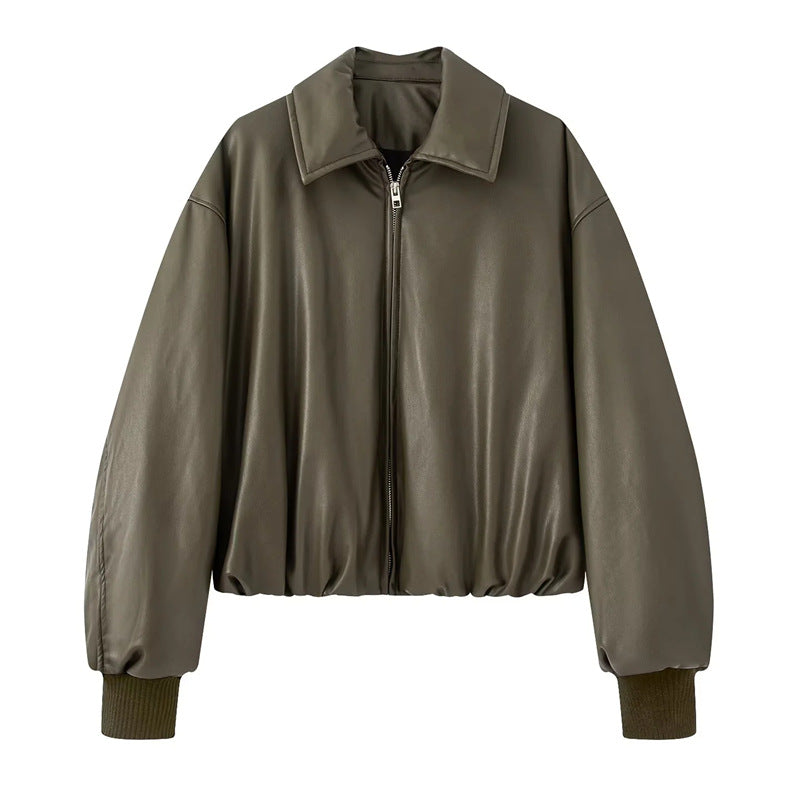 Karen | Graceful Cropped Leather Bomber Jacket with Shirt Collar