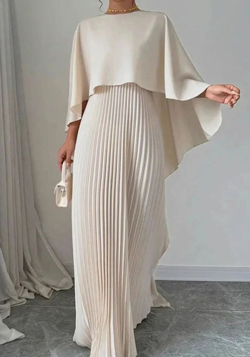 Katherine | Elegant Pleated Cape Overlay Maxi Christmas Dress