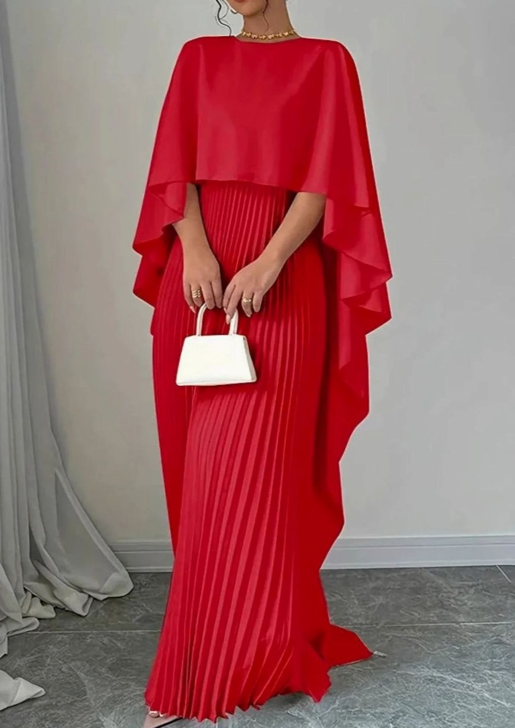 Katherine | Elegant Pleated Cape Overlay Maxi Christmas Dress