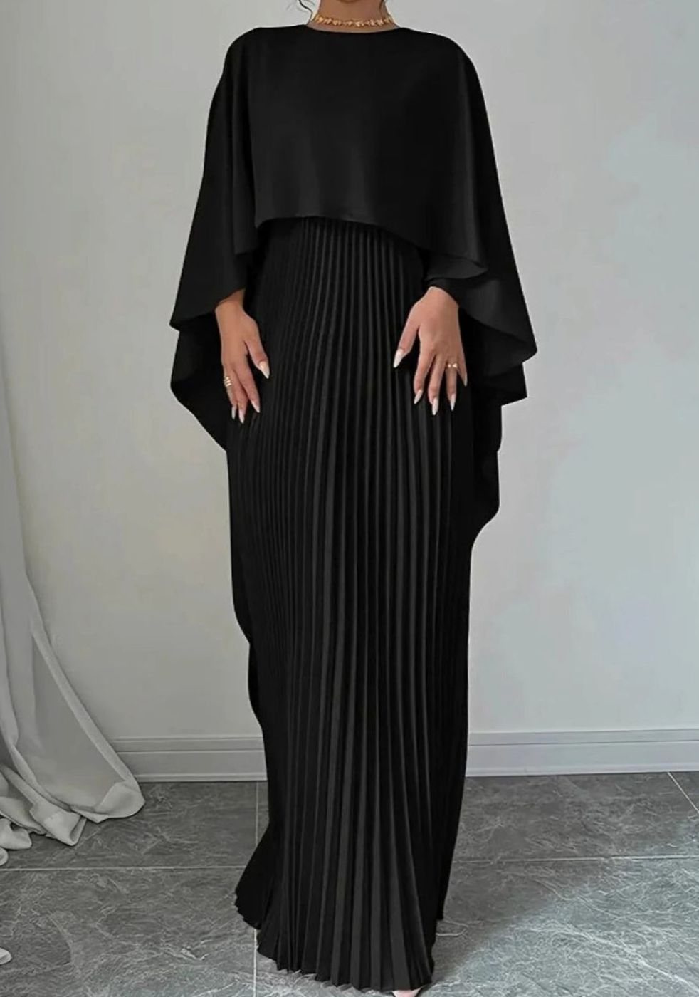 Katherine | Elegant Pleated Cape Overlay Maxi Christmas Dress