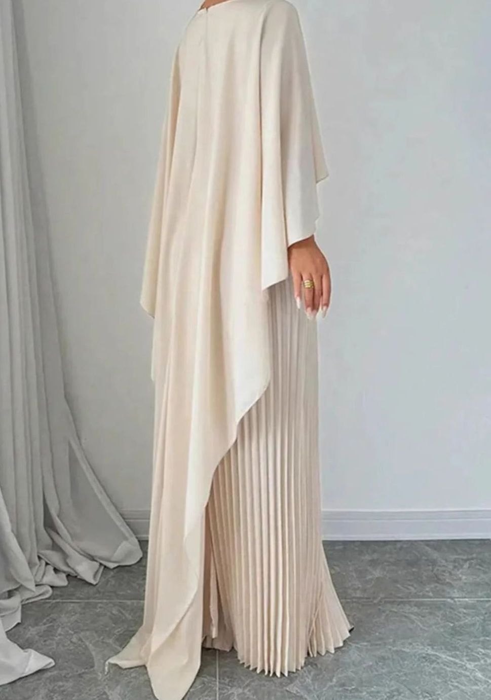 Katherine | Elegant Pleated Cape Overlay Maxi Christmas Dress