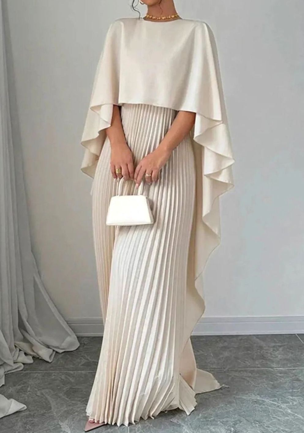Katherine | Elegant Pleated Cape Overlay Maxi Christmas Dress