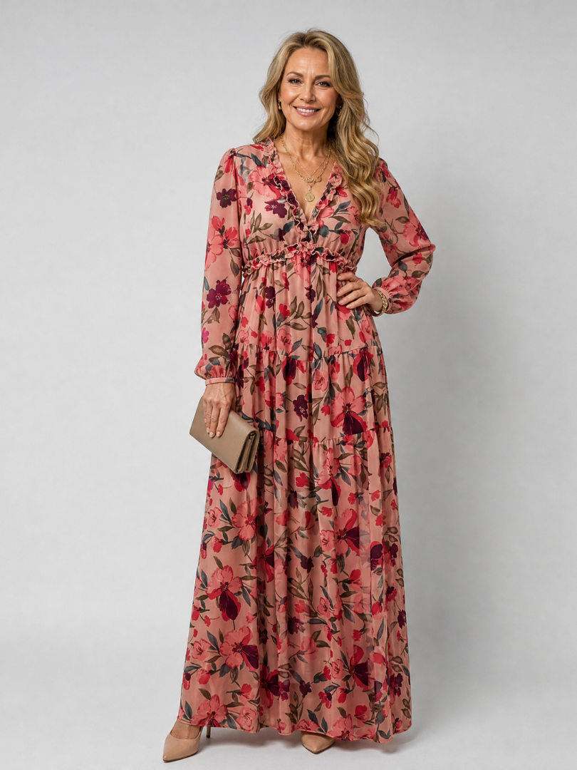 Katherine | Refined Floral Tiered Long Sleeve Maxi Holiday Dress