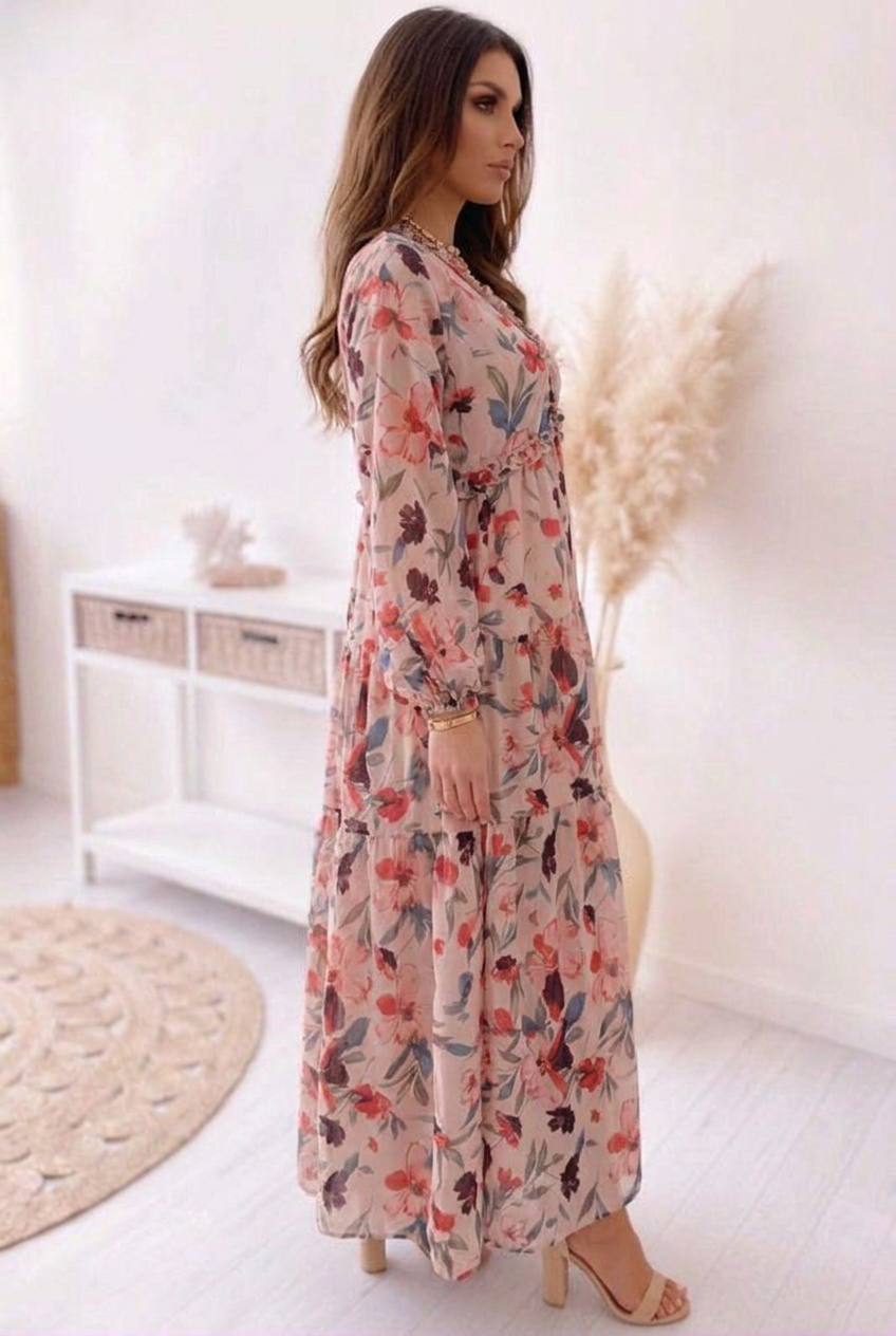 Katherine | Refined Floral Tiered Long Sleeve Maxi Holiday Dress