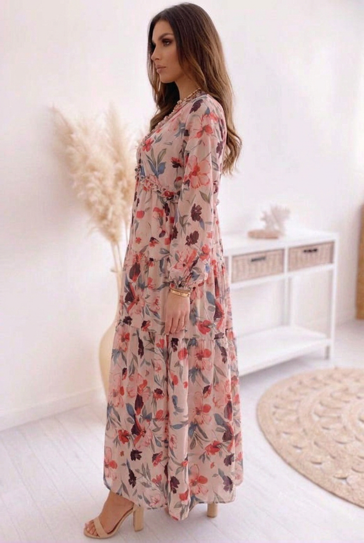 Katherine | Refined Floral Tiered Long Sleeve Maxi Holiday Dress