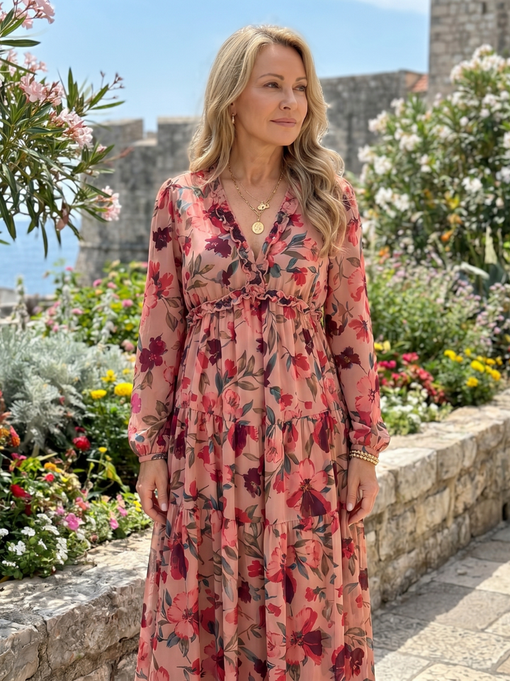 Katherine | Refined Floral Tiered Long Sleeve Maxi Holiday Dress