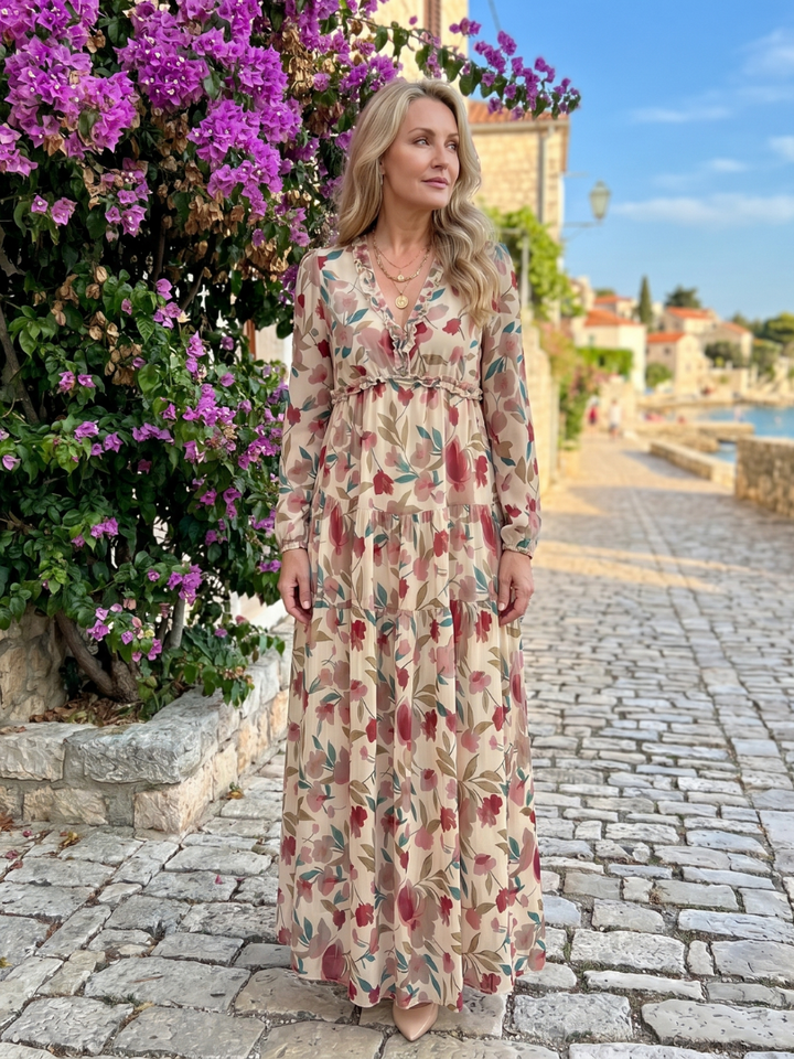Katherine | Refined Floral Tiered Long Sleeve Maxi Holiday Dress