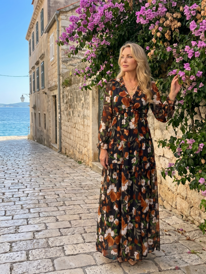 Katherine | Refined Floral Tiered Long Sleeve Maxi Holiday Dress