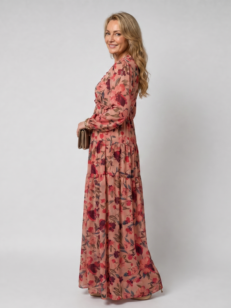 Katherine | Refined Floral Tiered Long Sleeve Maxi Holiday Dress
