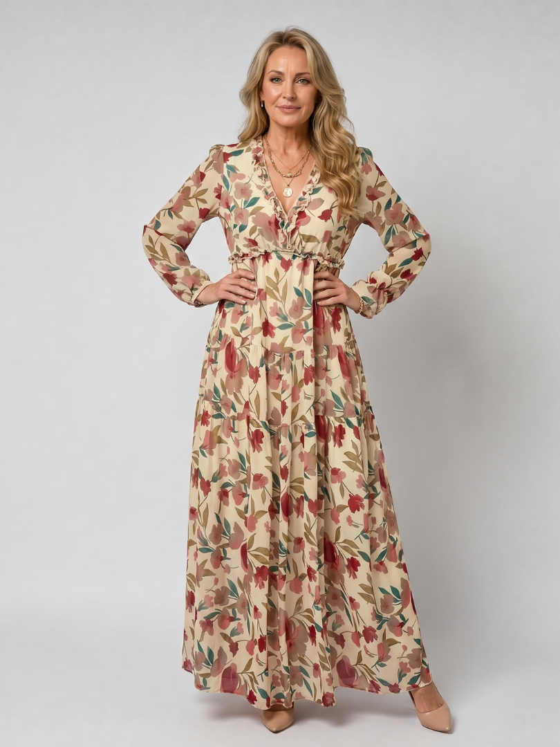 Katherine | Refined Floral Tiered Long Sleeve Maxi Holiday Dress