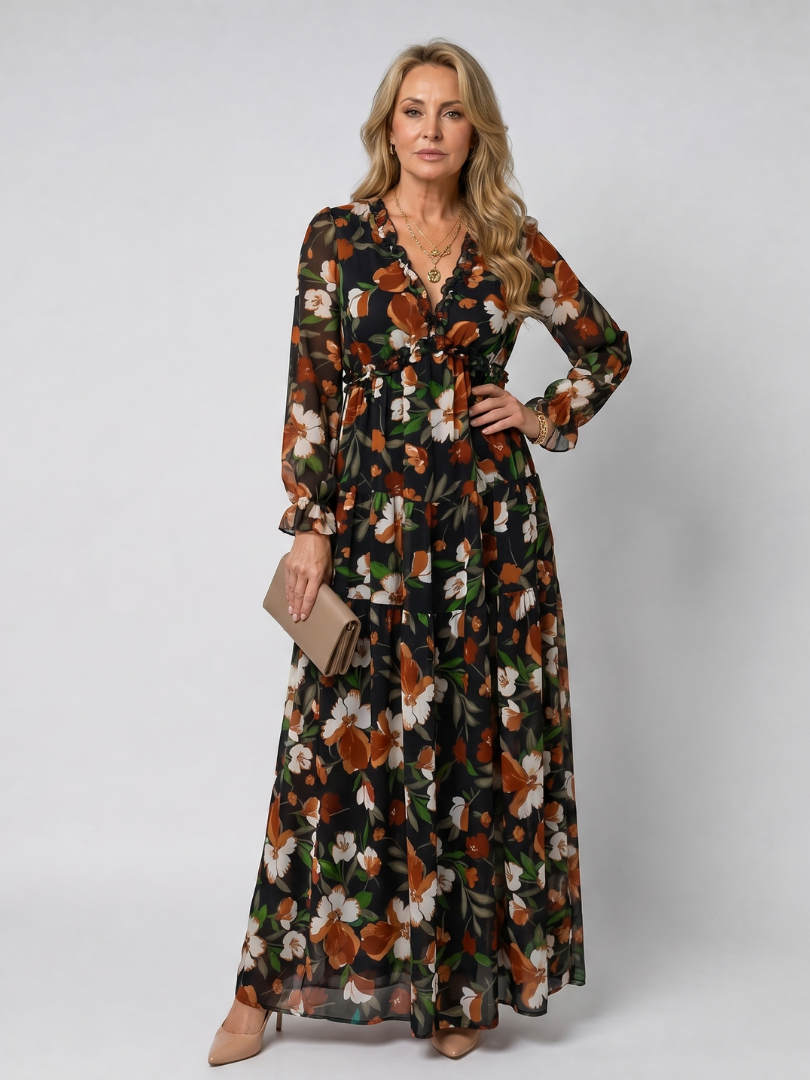 Katherine | Refined Floral Tiered Long Sleeve Maxi Holiday Dress