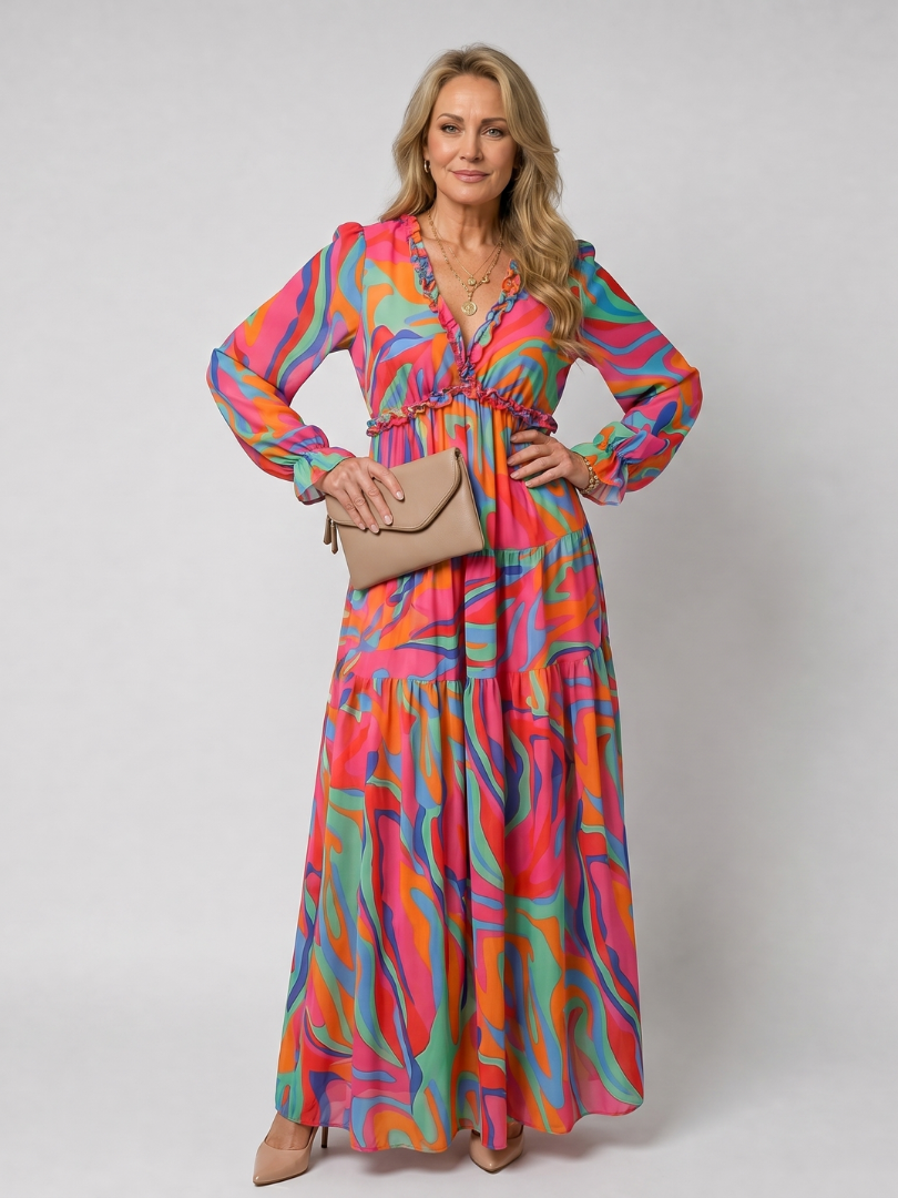 Katherine | Refined Floral Tiered Long Sleeve Maxi Holiday Dress