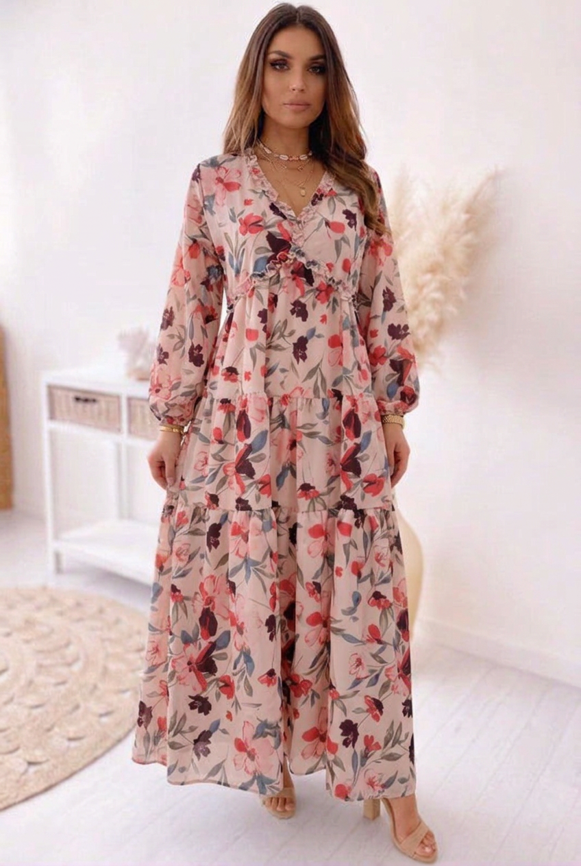 Katherine | Refined Floral Tiered Long Sleeve Maxi Holiday Dress