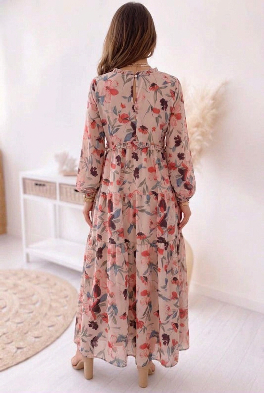 Katherine | Refined Floral Tiered Long Sleeve Maxi Holiday Dress