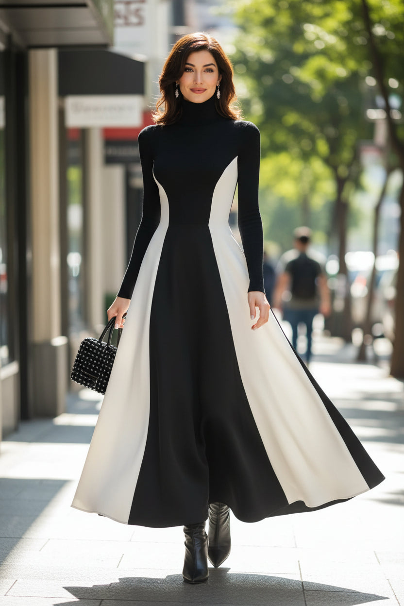 Kathleen | Polished Contrast Panel Turtleneck Maxi Winter Dress