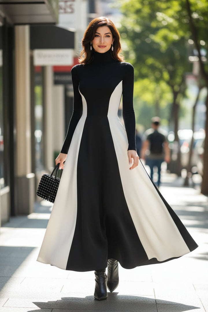 Kathleen | Polished Contrast Panel Turtleneck Maxi Winter Dress