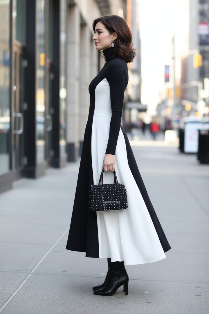Kathleen | Polished Contrast Panel Turtleneck Maxi Winter Dress