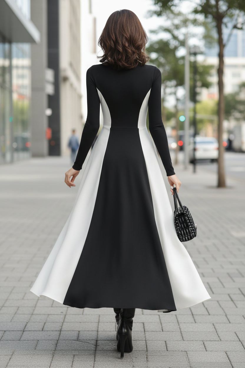 Kathleen | Polished Contrast Panel Turtleneck Maxi Winter Dress